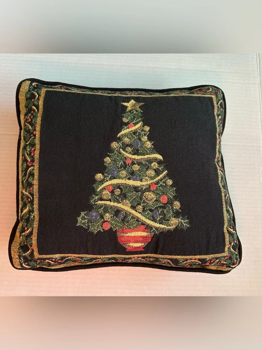 Christmas Tapestry-Style Christmas Tree Throw Pillow With A Gold/Green Border